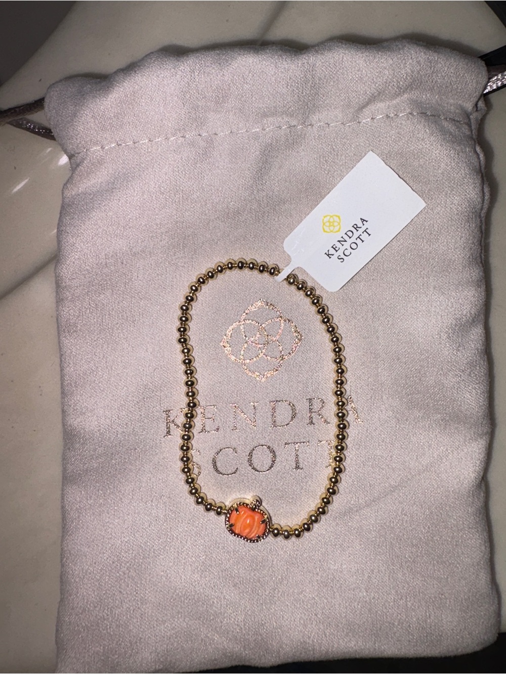 Kendra Scott Pumpkin Beaded Stretch Bracelet Gold Orange Mother Of Pearl NWT